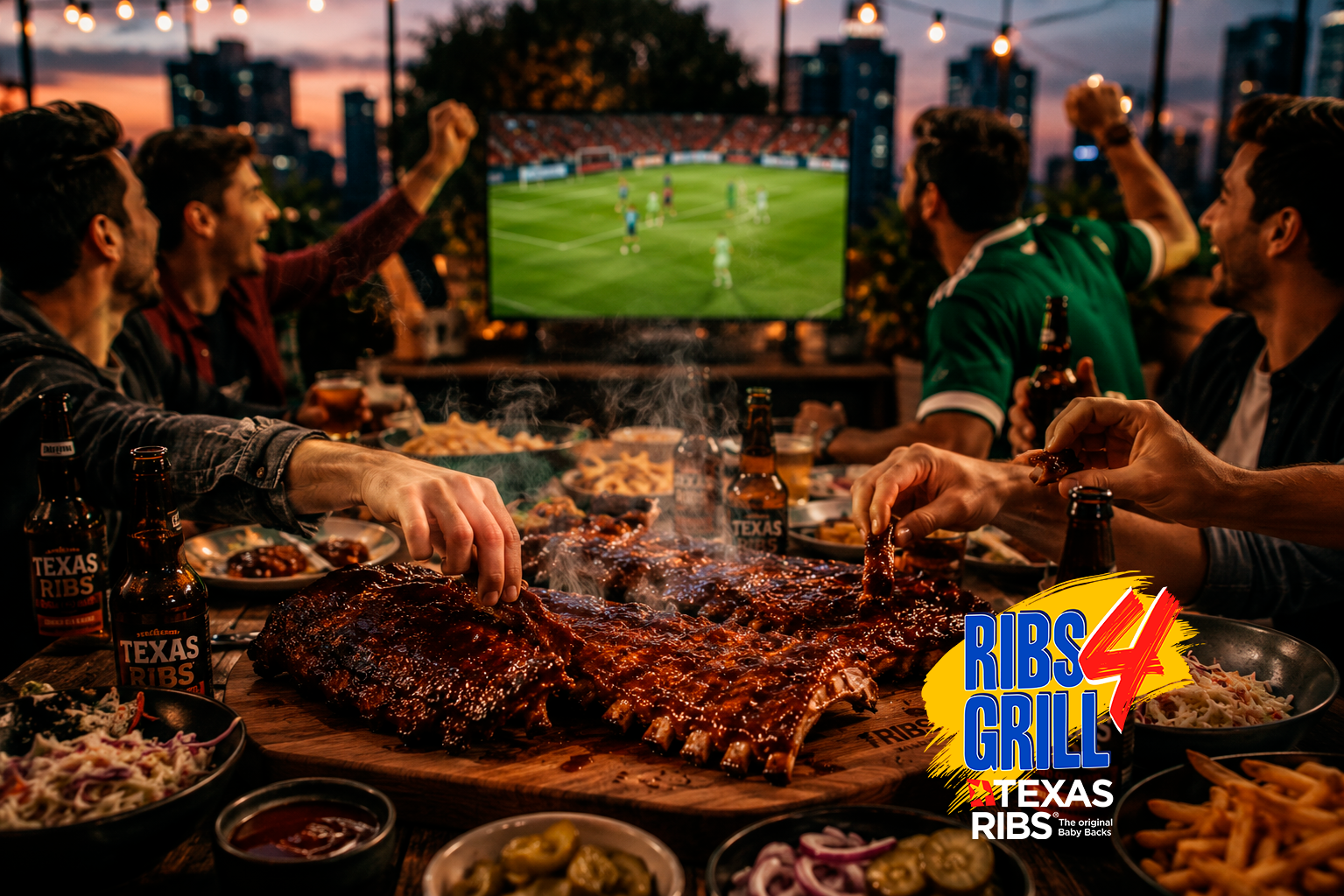 Amigos viendo el partido con costillas Ribs 4 Grill