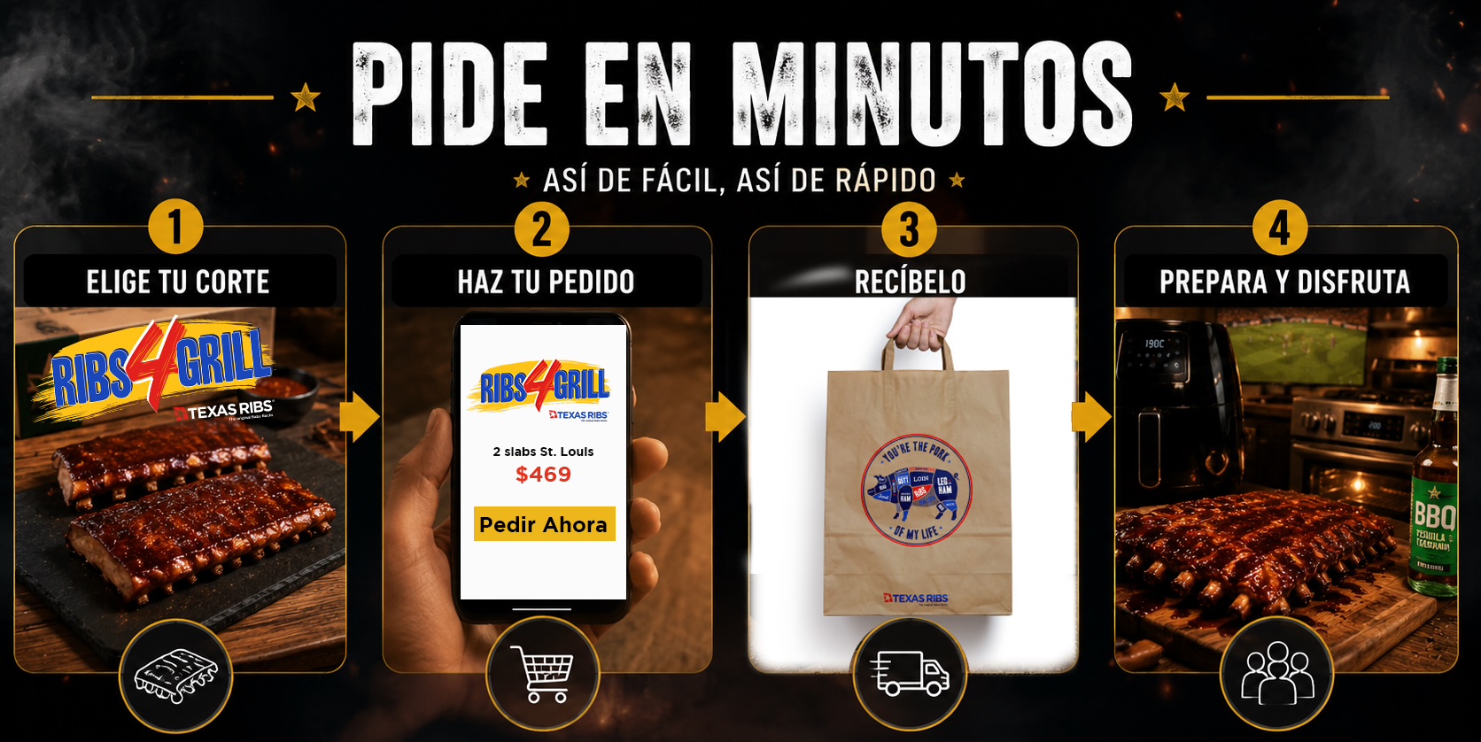 Pide en minutos, así de fácil, así de rápido: 1) Elige tu corte (Baby Back o St. Louis), 2) Haz tu pedido, 3) Recíbelo directo a tu puerta, 4) Prepara y disfruta en air fryer, horno o asador.